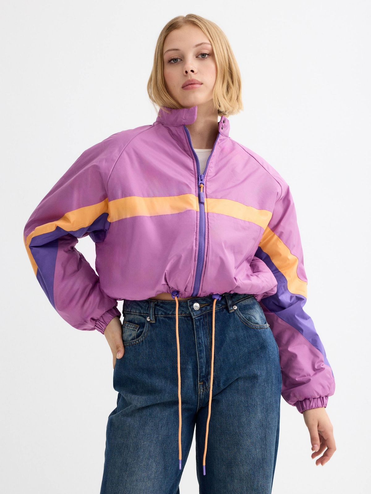 Nylon jacket color block color purple middle front view