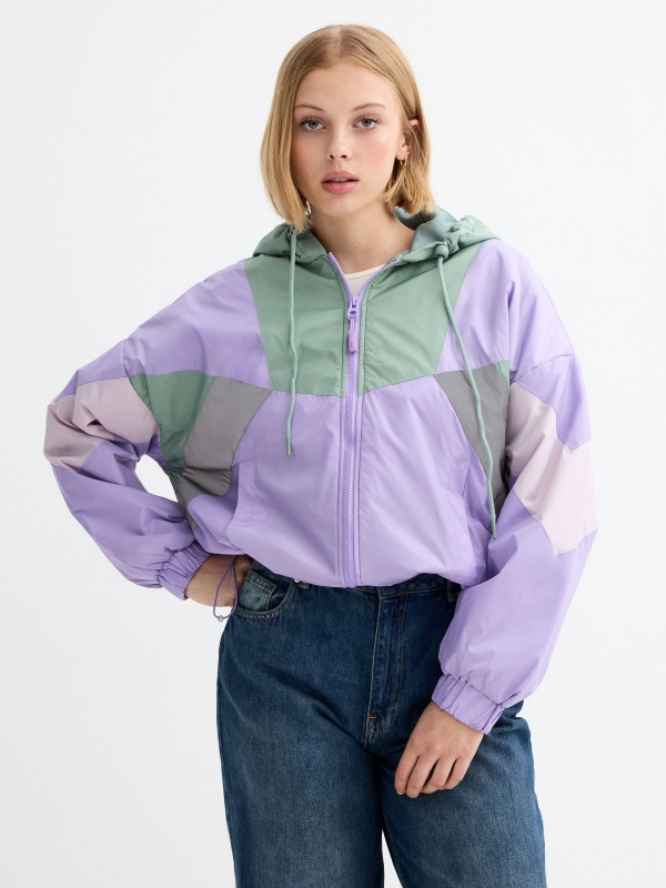 Nylon jacket color block purple mauve middle front view