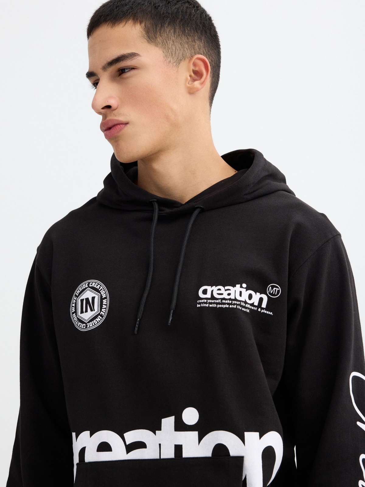 Black printed hoodie black detail view