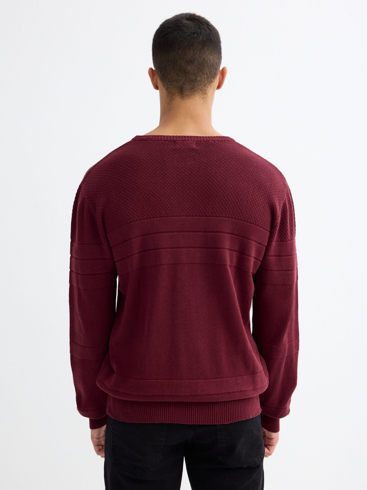 Basic striped texture sweater garnet middle back view