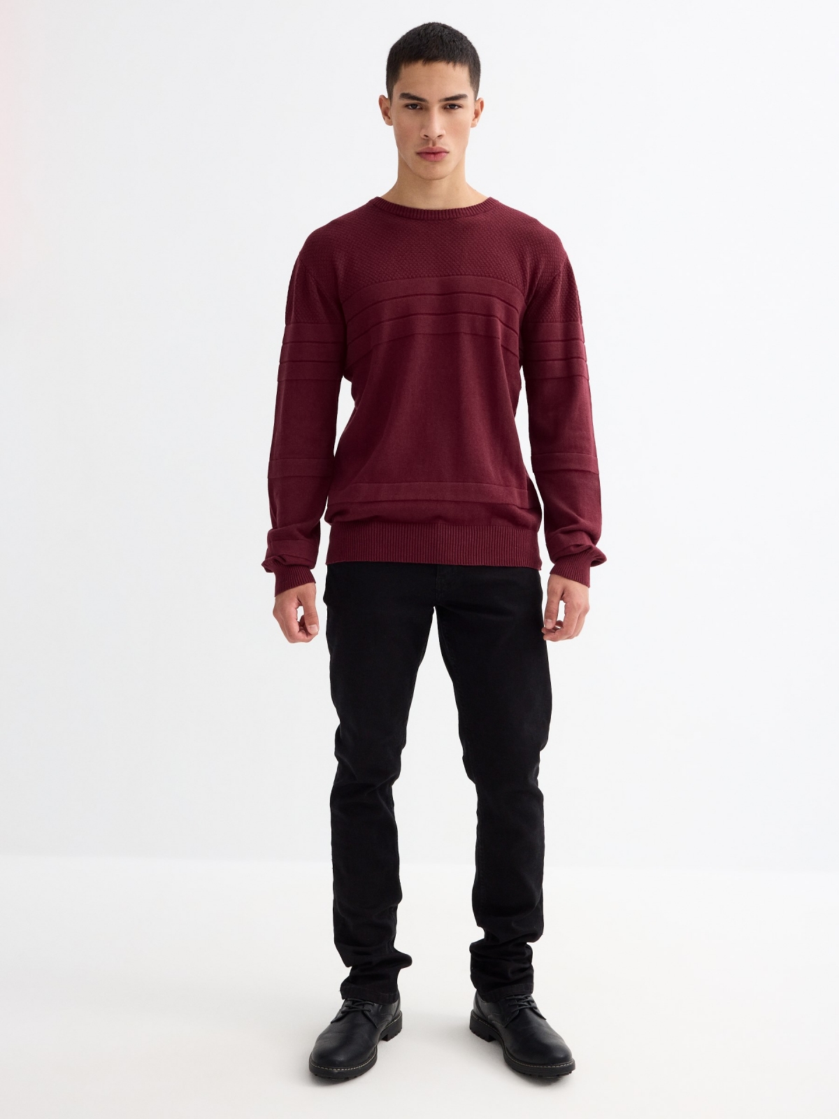 Basic striped texture sweater garnet general front view