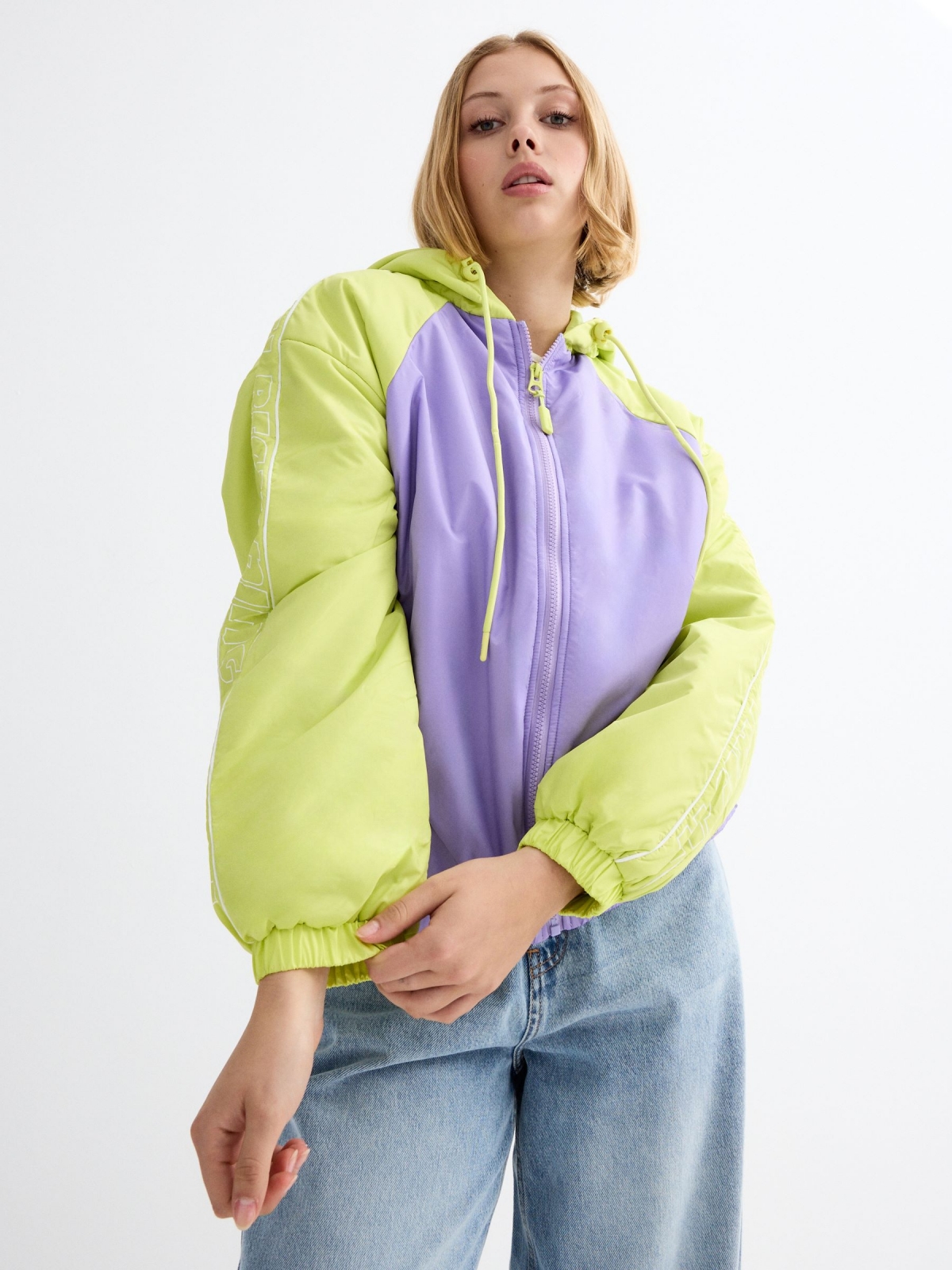 Hooded text padded jacket lilac detail view