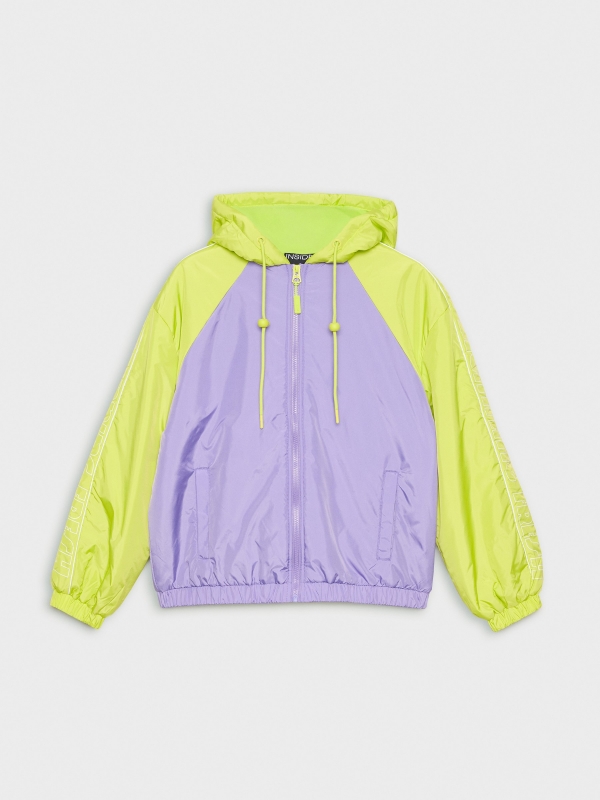  Hooded text padded jacket lilac front view