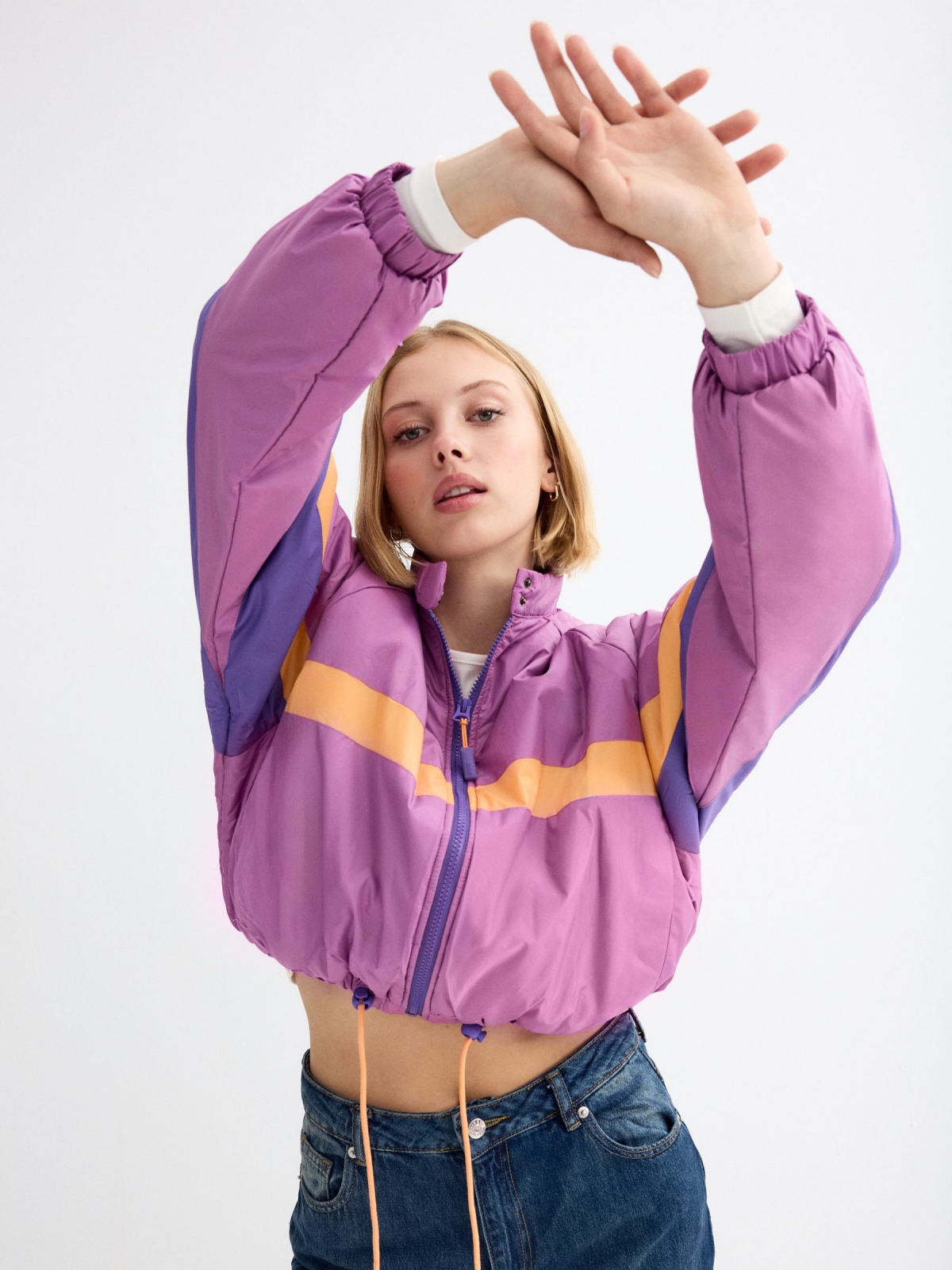 Nylon jacket color block color purple detail view