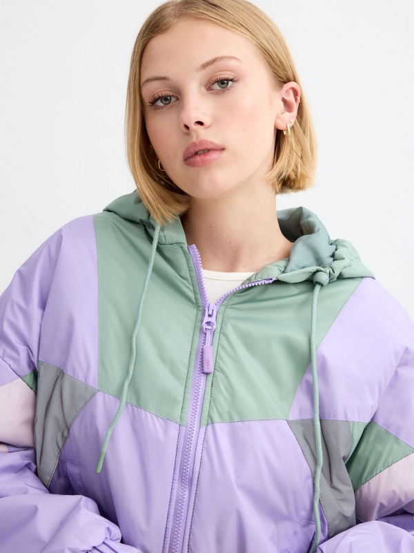 Nylon jacket color block purple mauve detail view