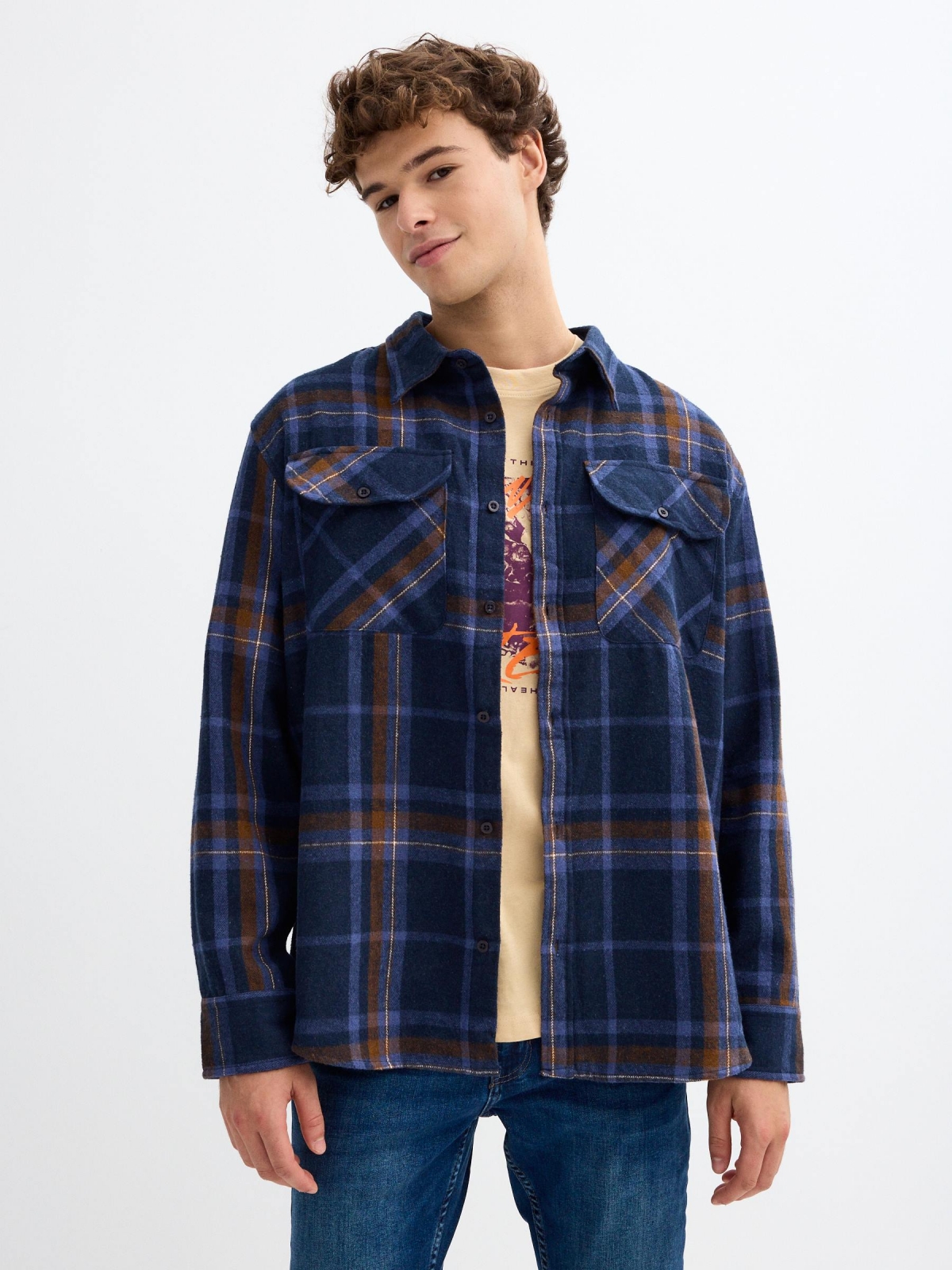 Plaid overshirt with pockets blue middle front view