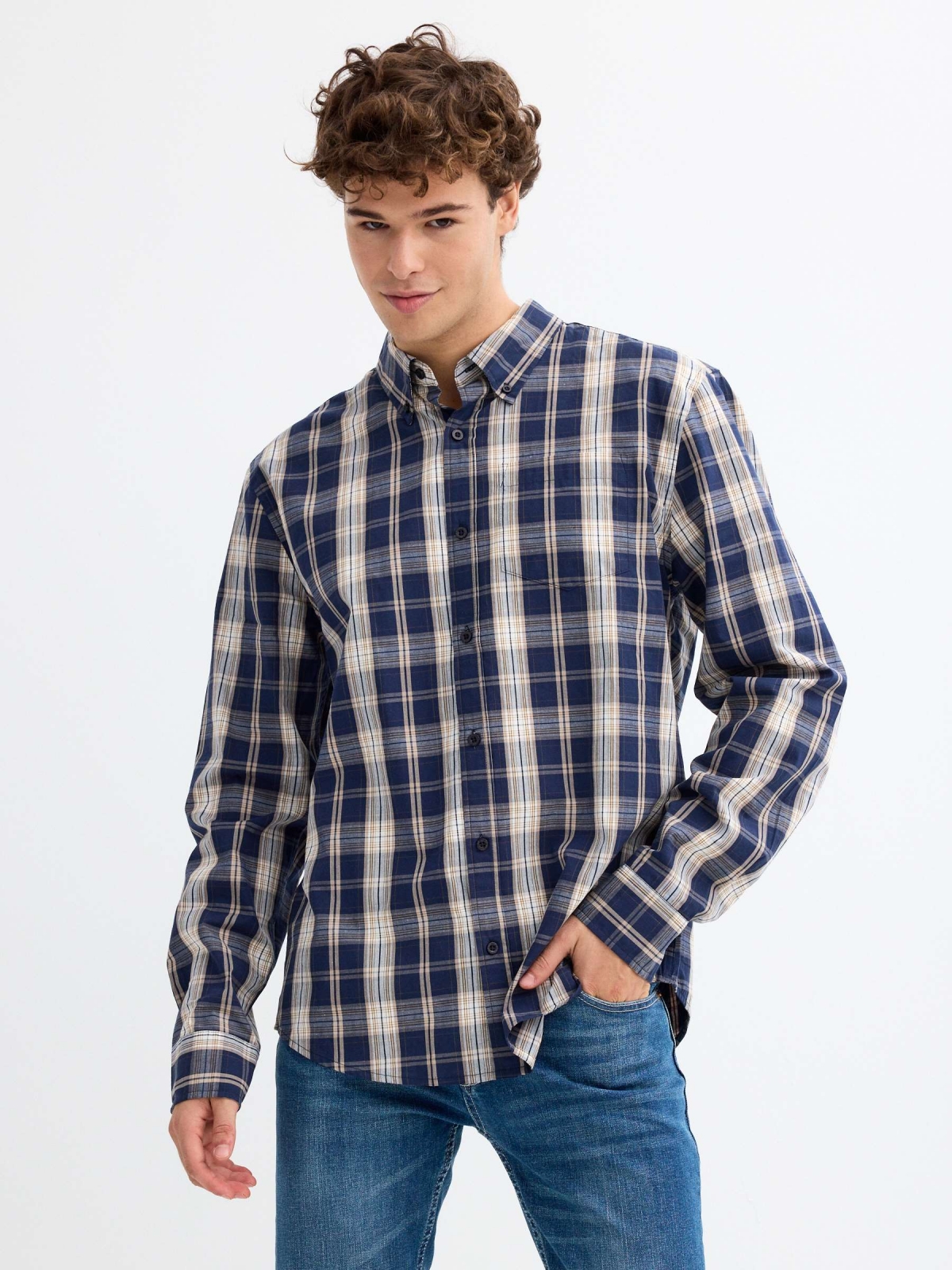 Plaid shirt with pocket blue middle front view