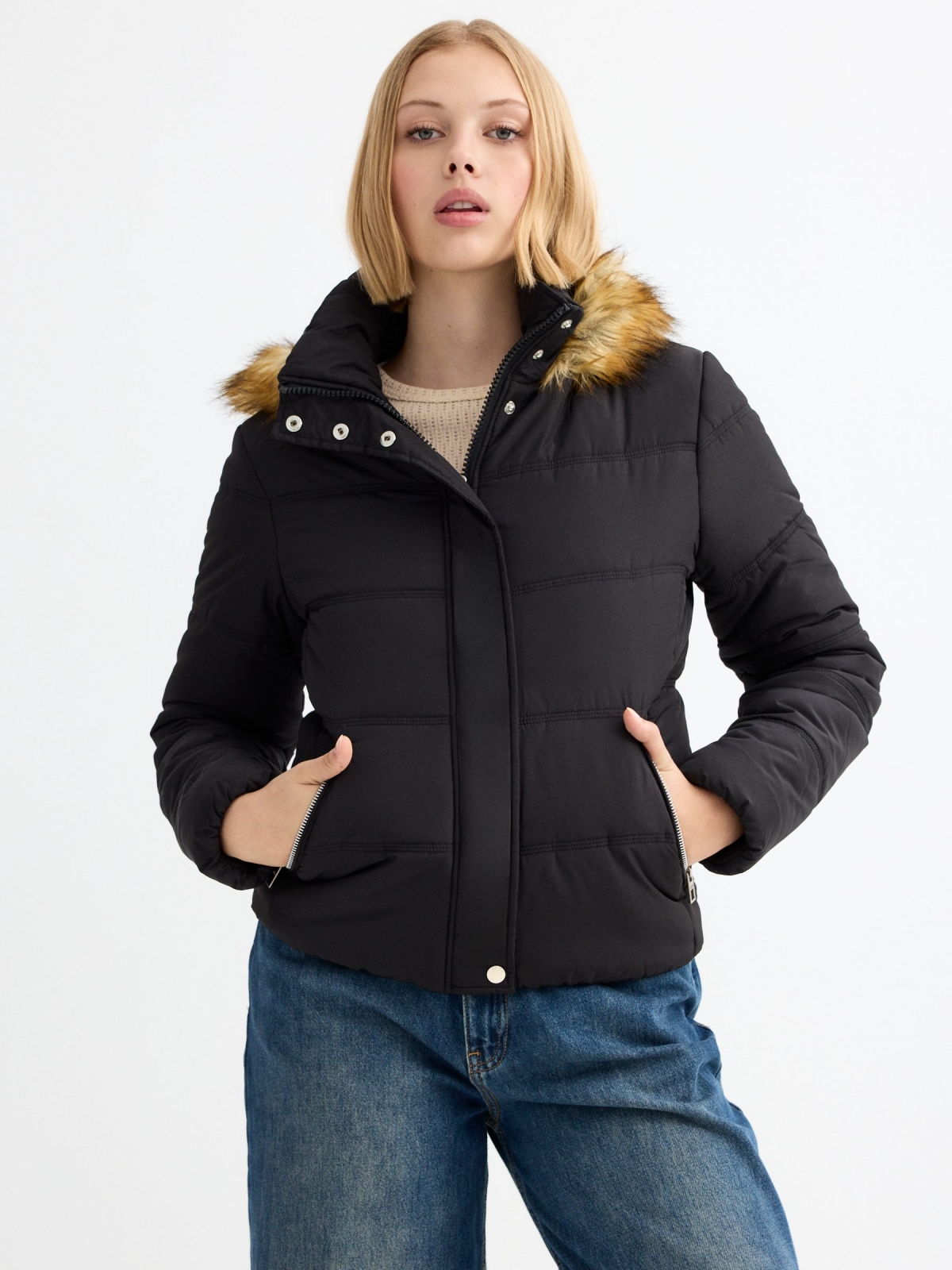 Slim fit quilted coat black middle front view