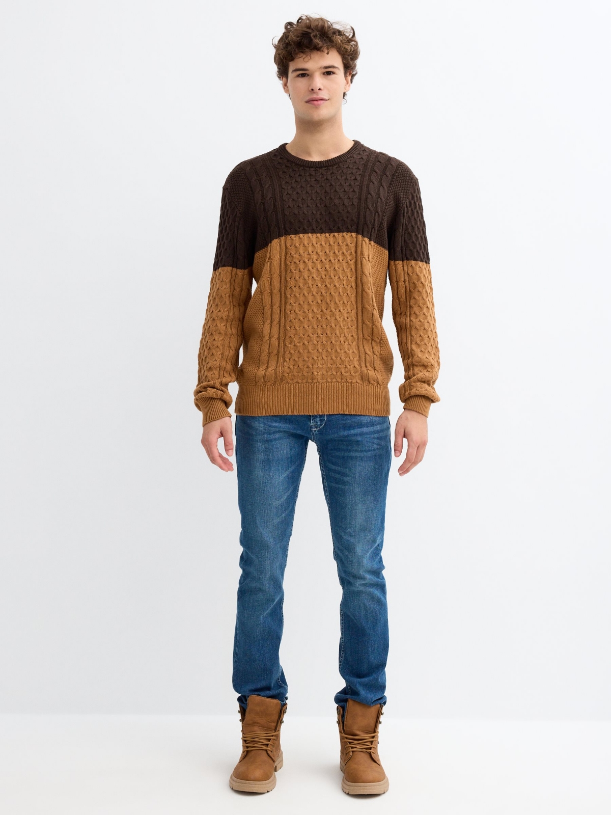 Two-tone cable knit sweater brown general front view