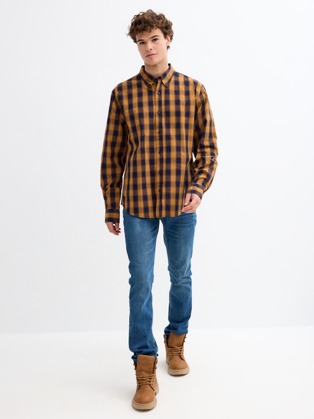 Casual plaid shirt ochre general front view