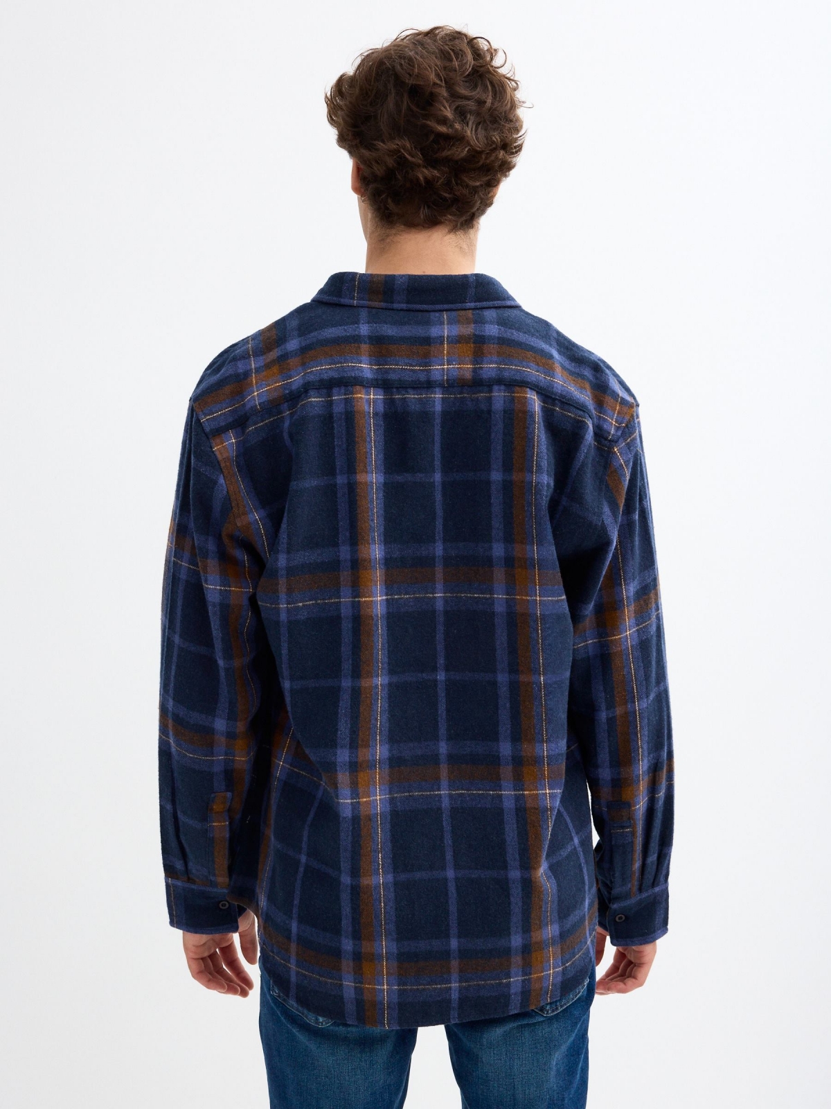 Plaid overshirt with pockets blue middle back view