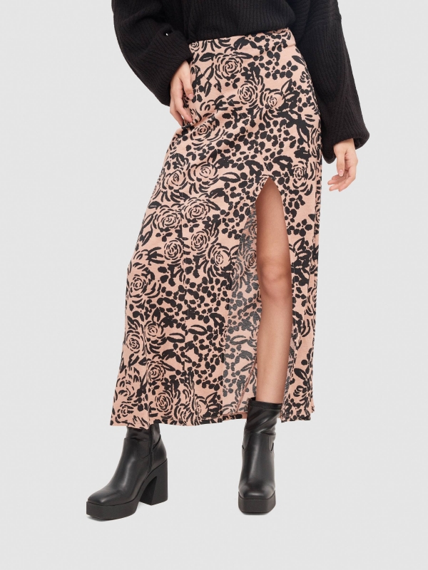 Floral print midi skirt with slit black front detail view