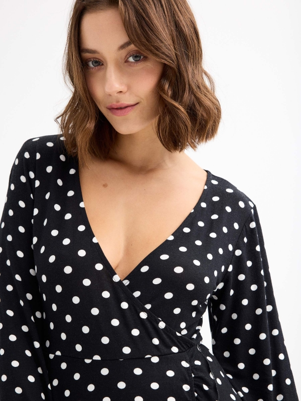 Polka dot print V-neck dress black general front view