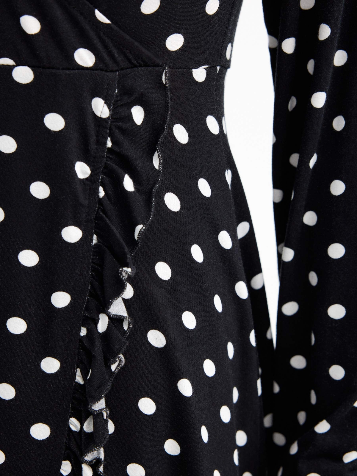 Polka dot print V-neck dress black front detail view