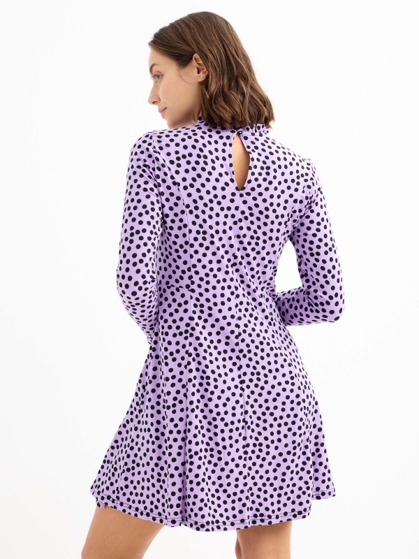 Perkins neck polka dot print dress lilac three-quarter back view