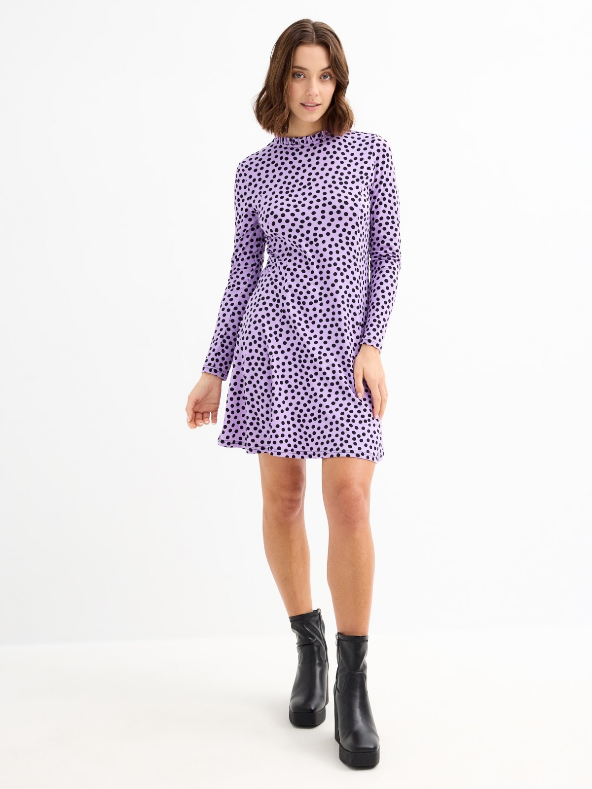 Perkins neck polka dot print dress lilac general front view