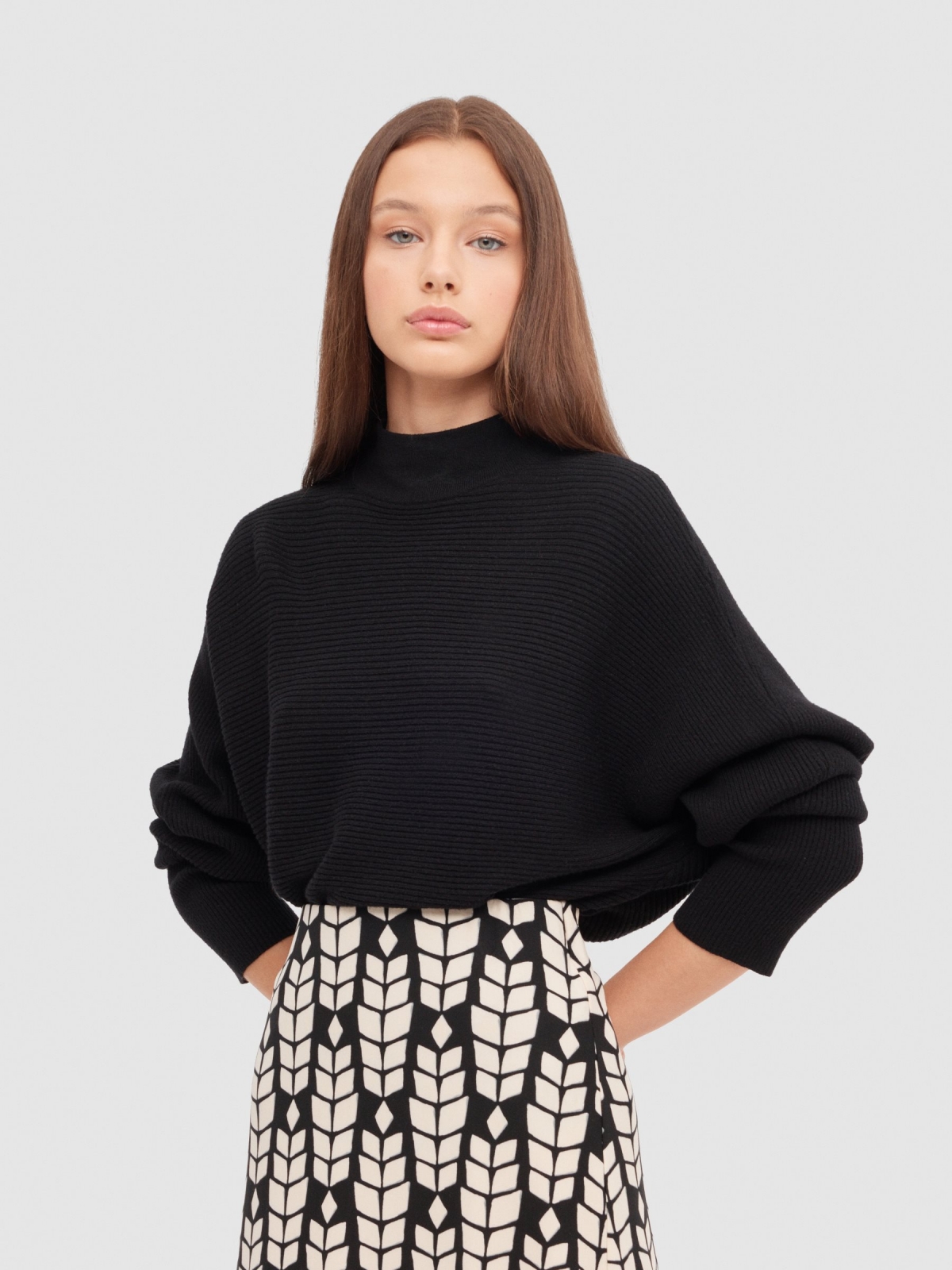 Black balloon sleeve sweater black middle front view