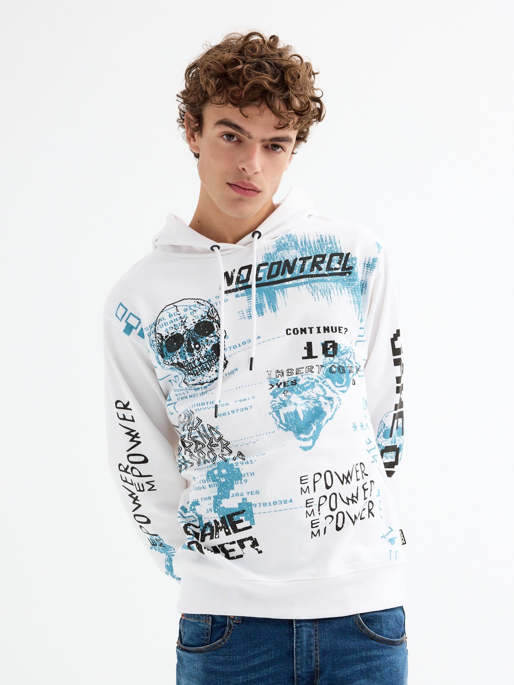 Sweatshirt com capuz estampado branco vista meia frontal