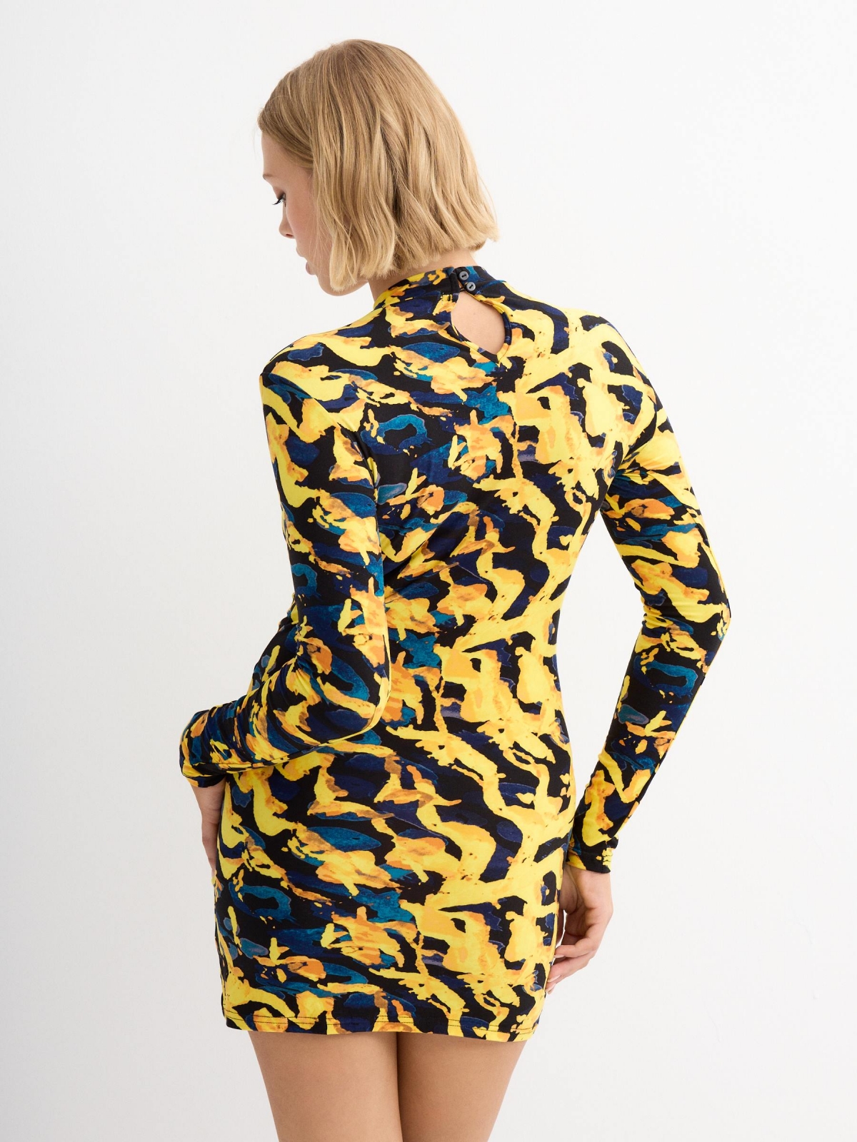 Draped mini print dress yellow three-quarter back view