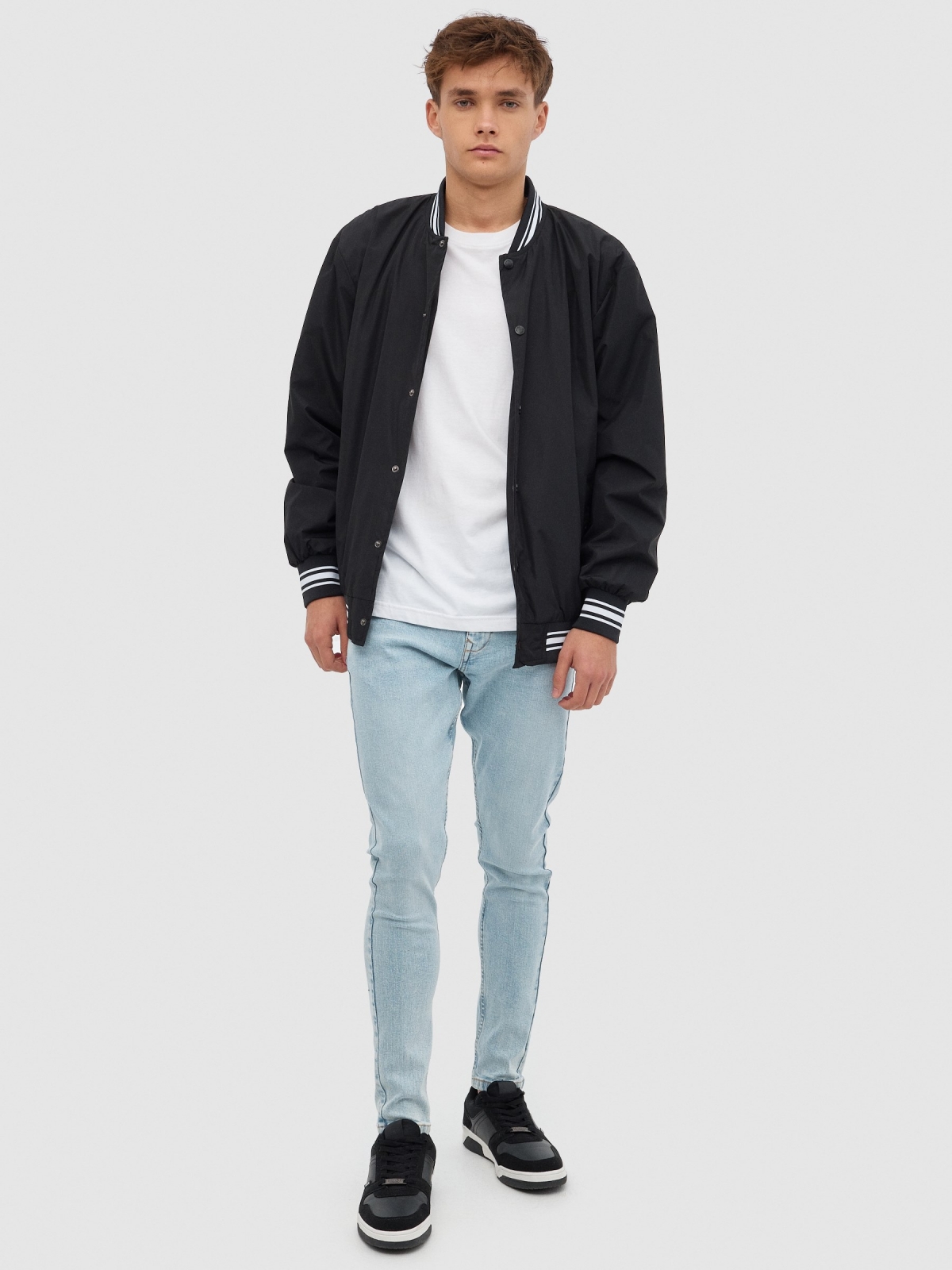 Nylon bomber jacket black front view