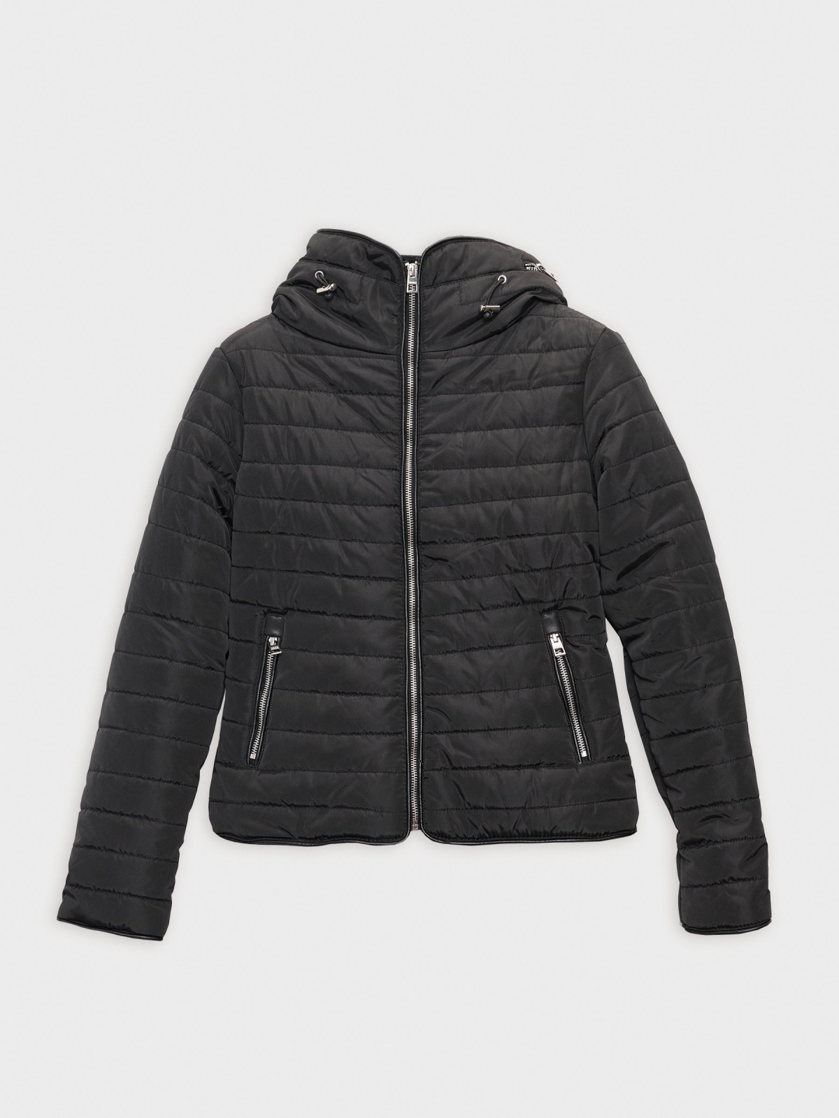  Quilted coat with hood black front view