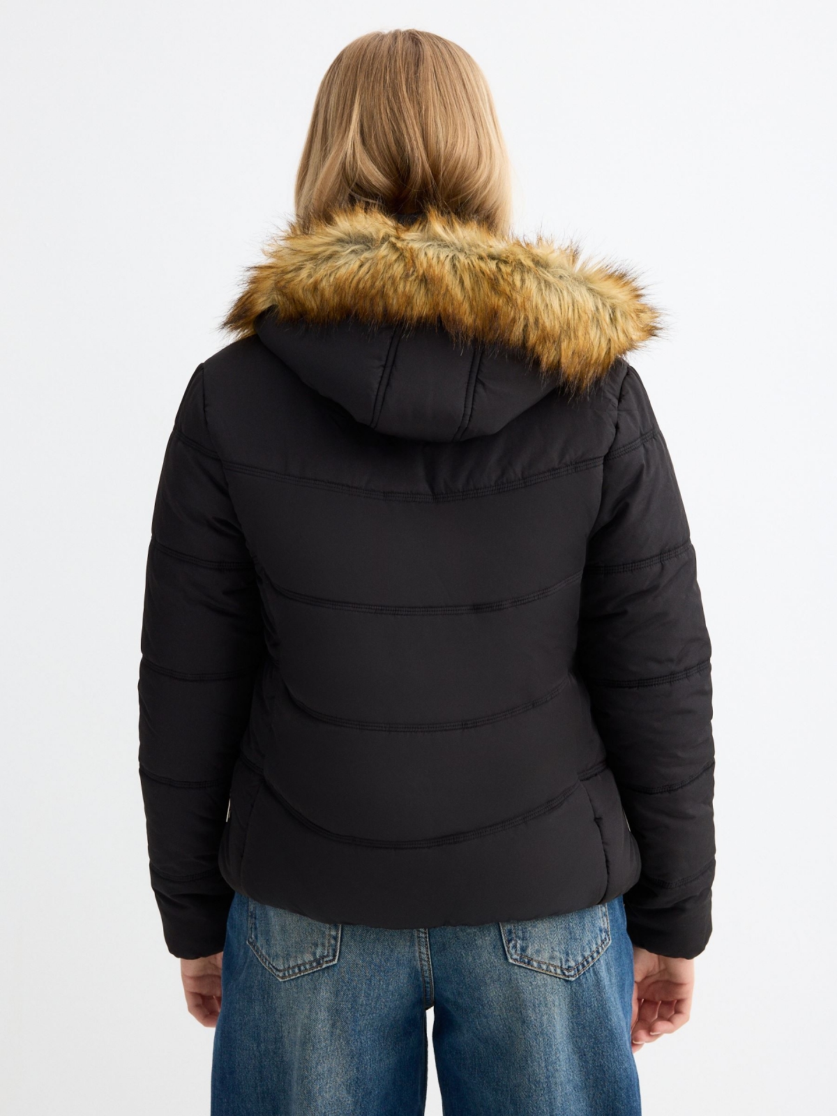 Slim fit quilted coat black middle back view