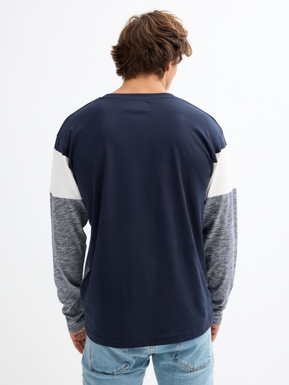 Long sleeve t-shirt in marbled block colour navy middle back view