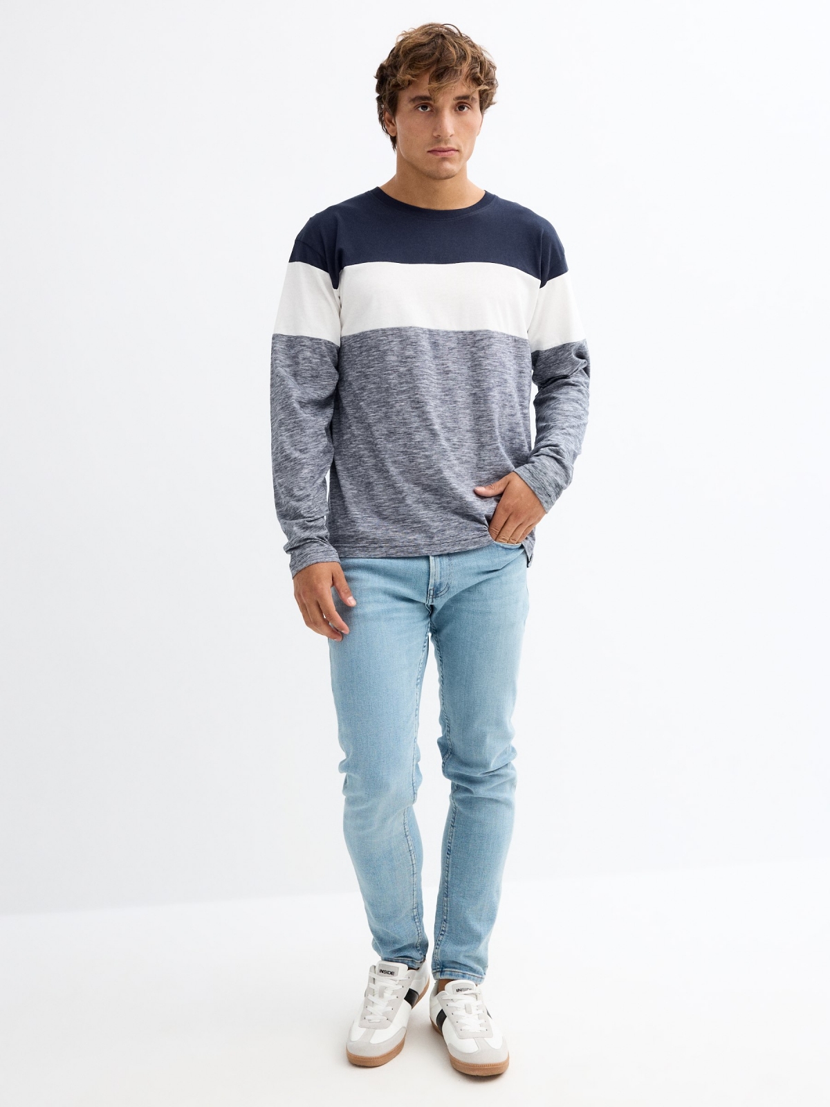 Long sleeve t-shirt in marbled block colour navy general front view