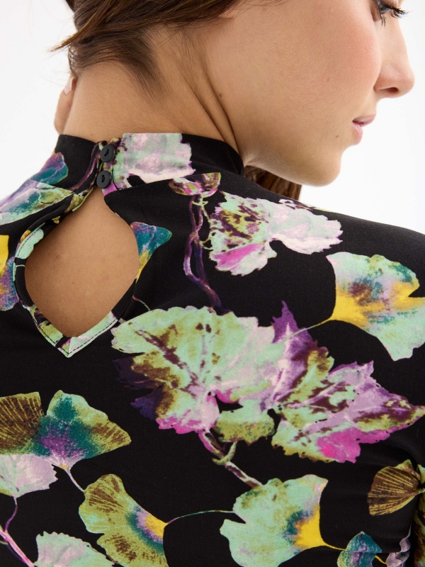 Ruffled leaf print mini dress multicolor back detail view