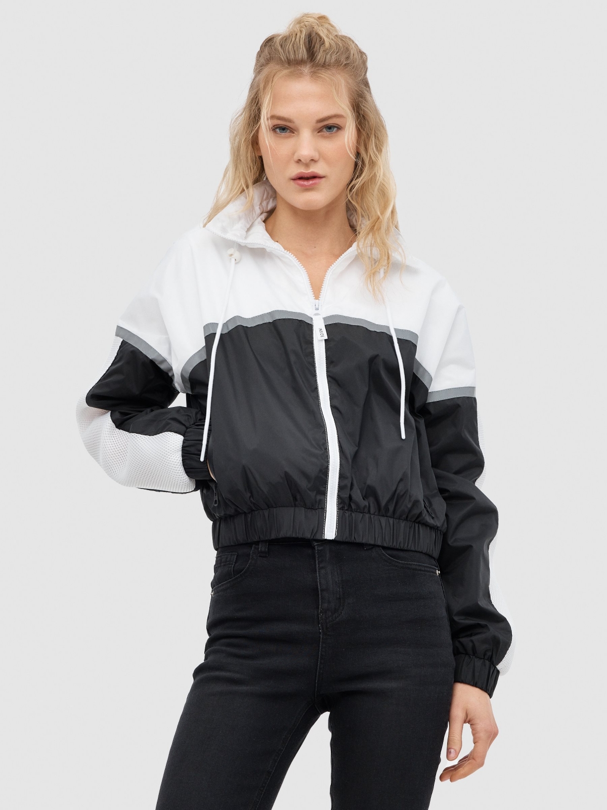 Colour block nylon jacket black middle front view