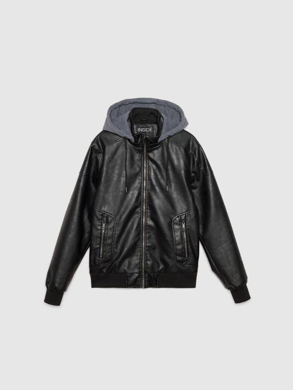 Leather-effect bomber jacket with hood black detail view