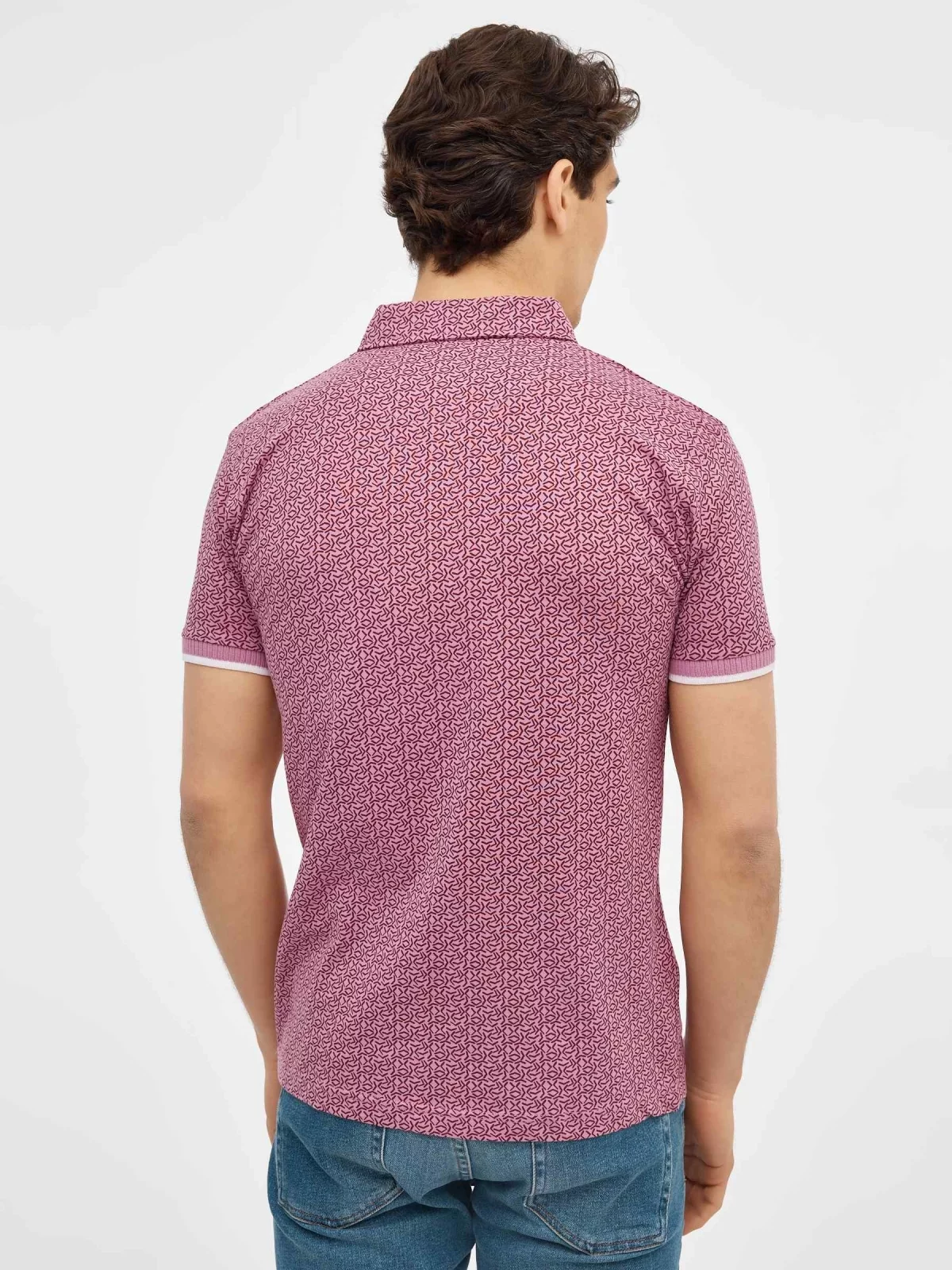 Red geometric print polo shirt purple middle back view