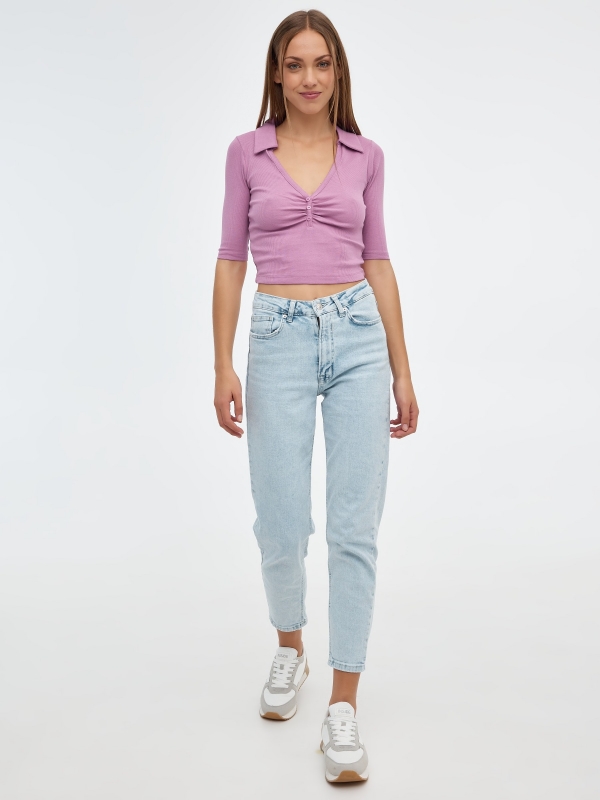 Polo neck T-shirt purple front view