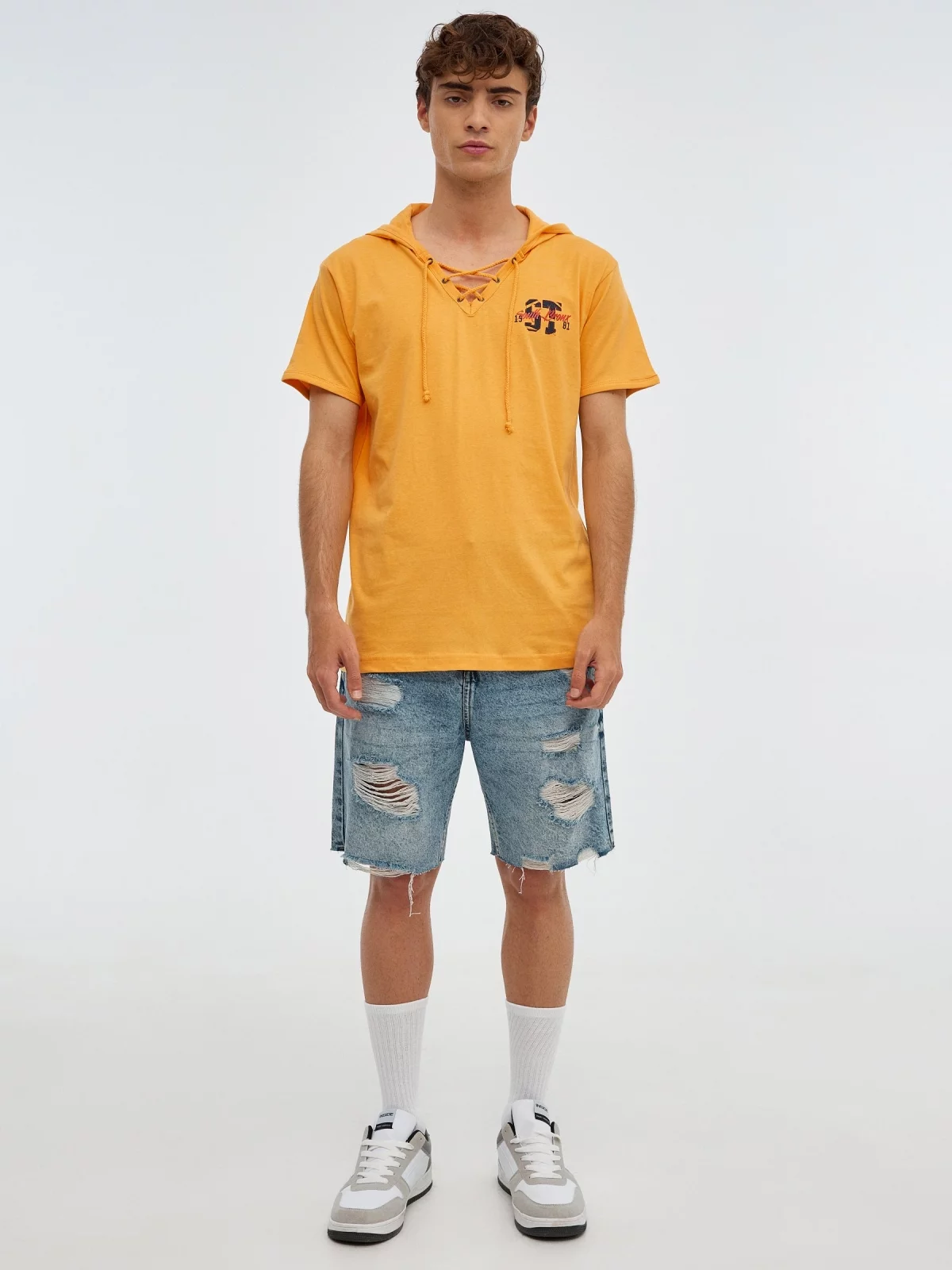Sports print T-shirt pastel yellow front view