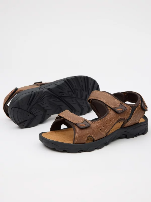Brown leather effect velcro sandal detail view