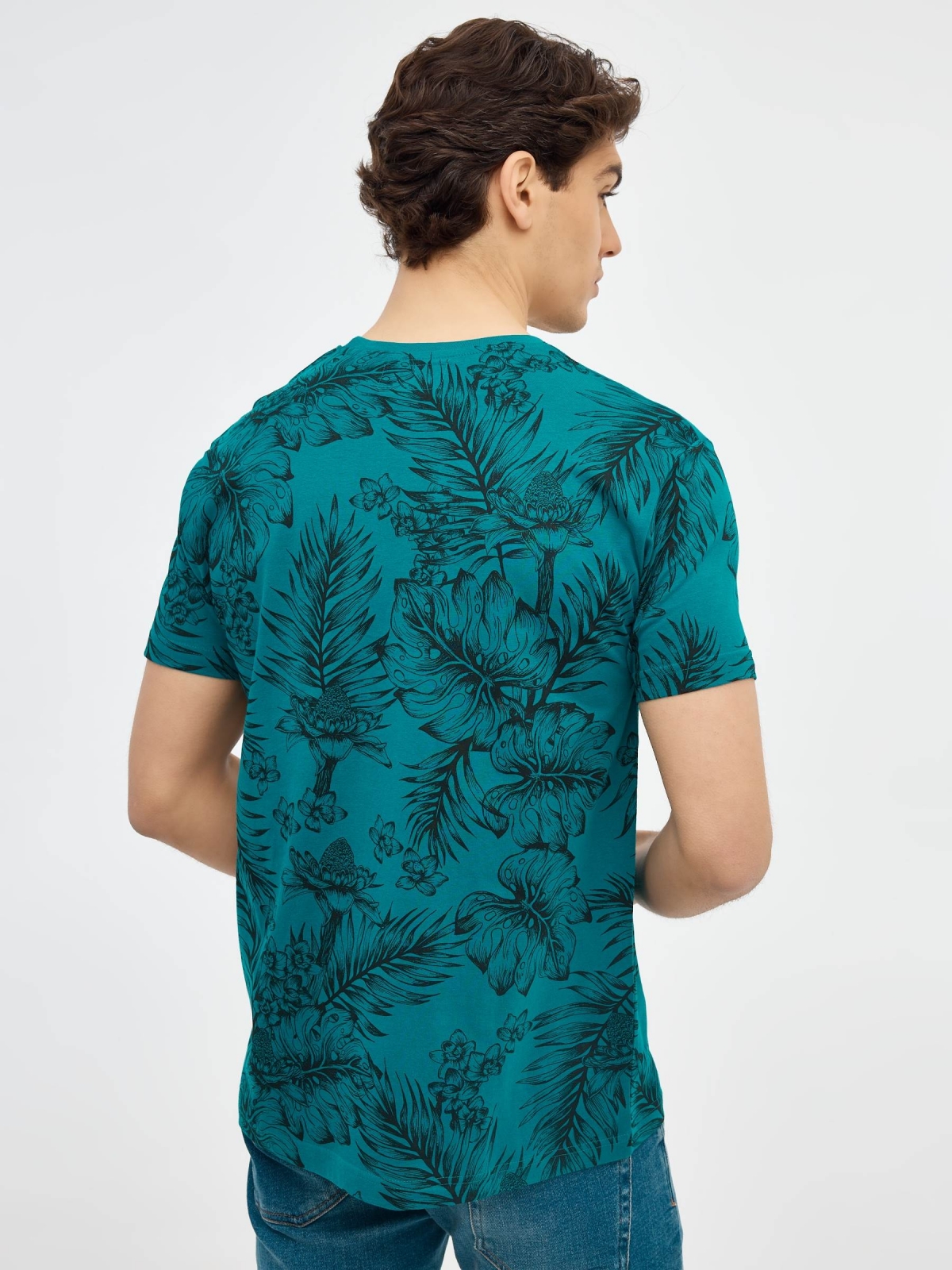 Tropical print t-shirt with graphic emerald middle back view