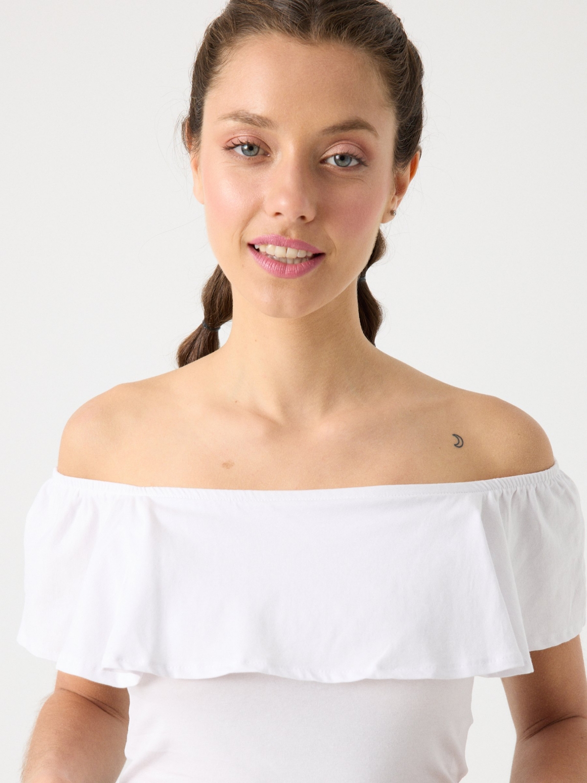 Ruffle bardot top white detail view