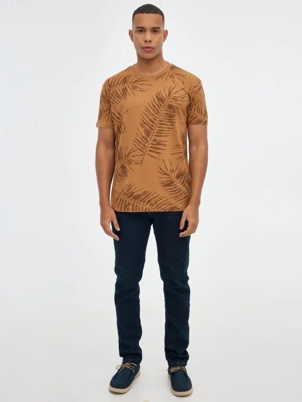 Palm leaves print t-shirt light brown front view