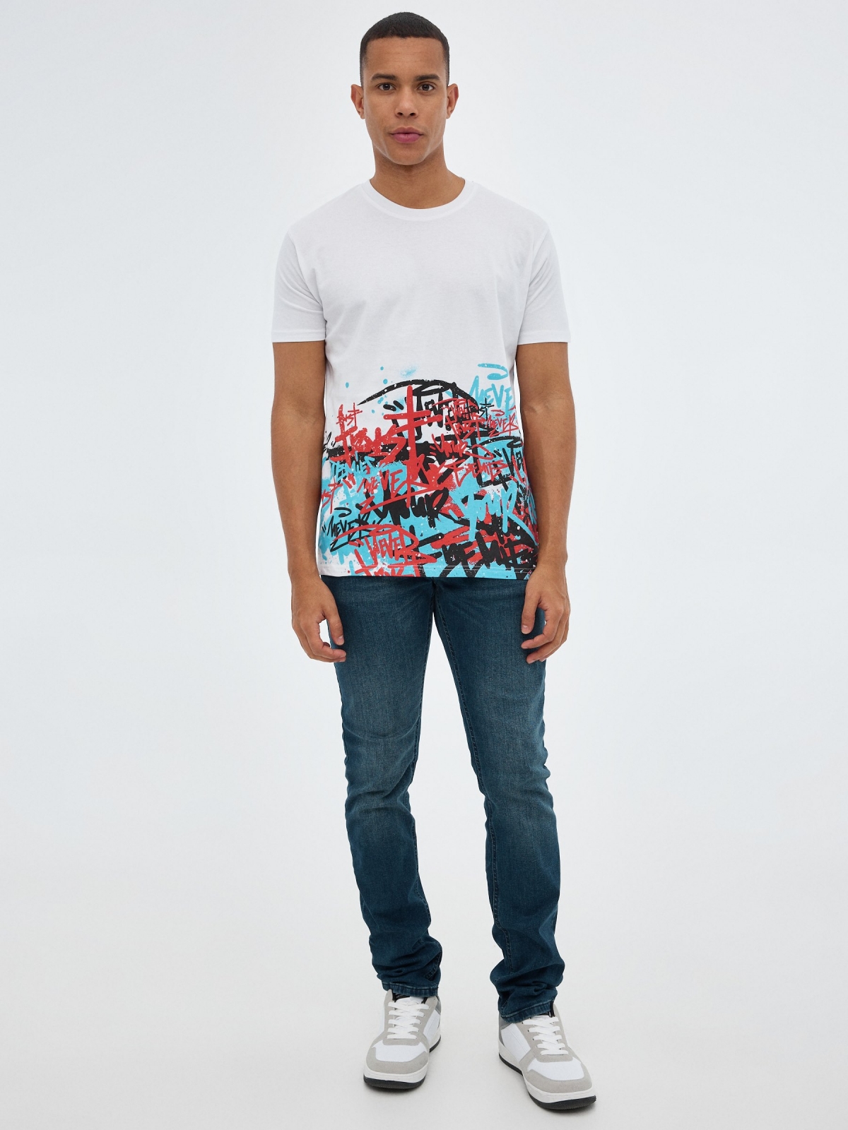 Black t-shirt with graffiti print white front view