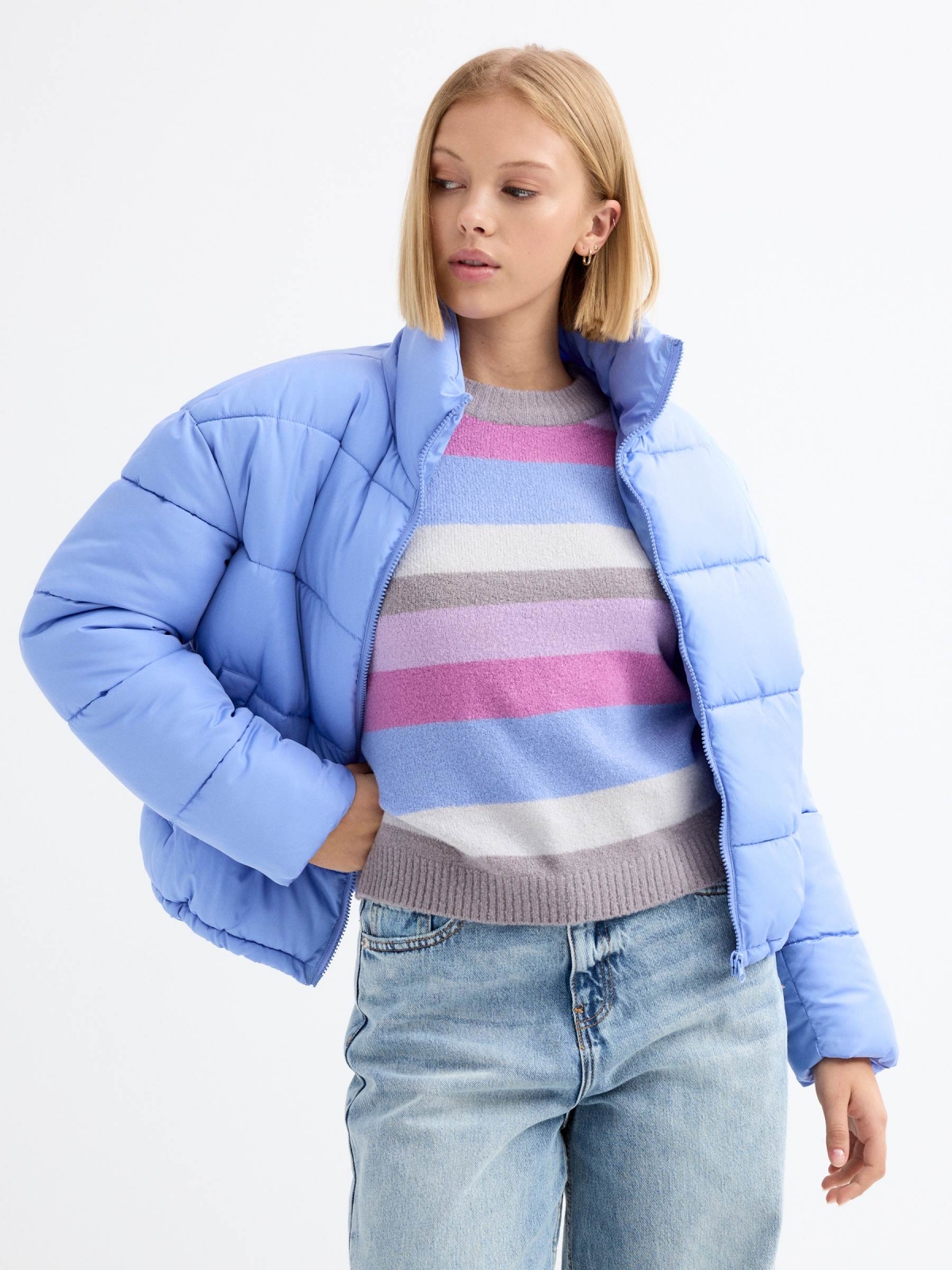 Oversized crop coat blue detail view