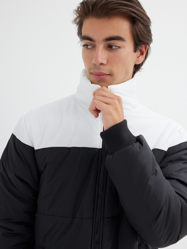  Block color quilted jacket black