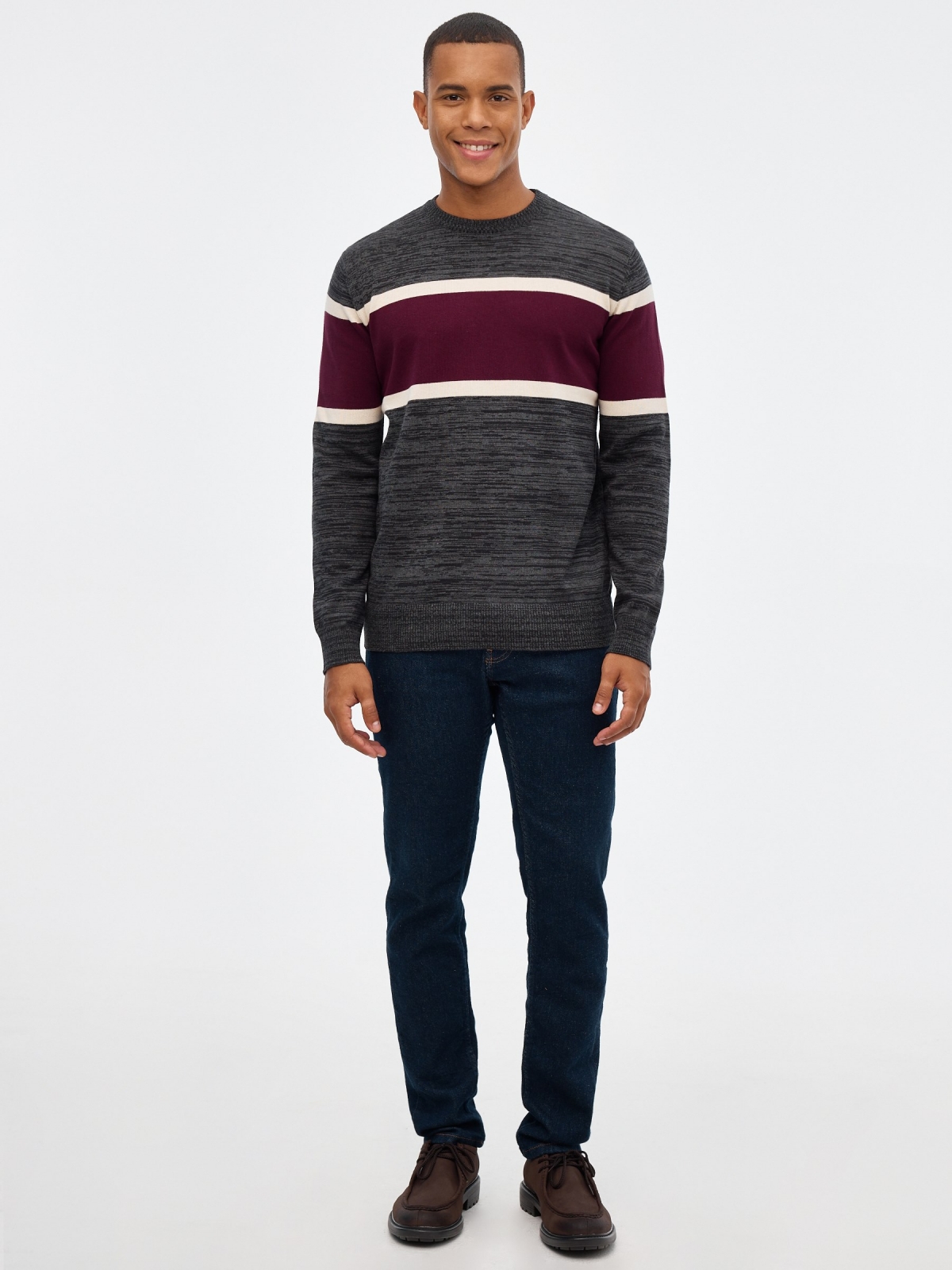 Block colored marbled sweater grey front view