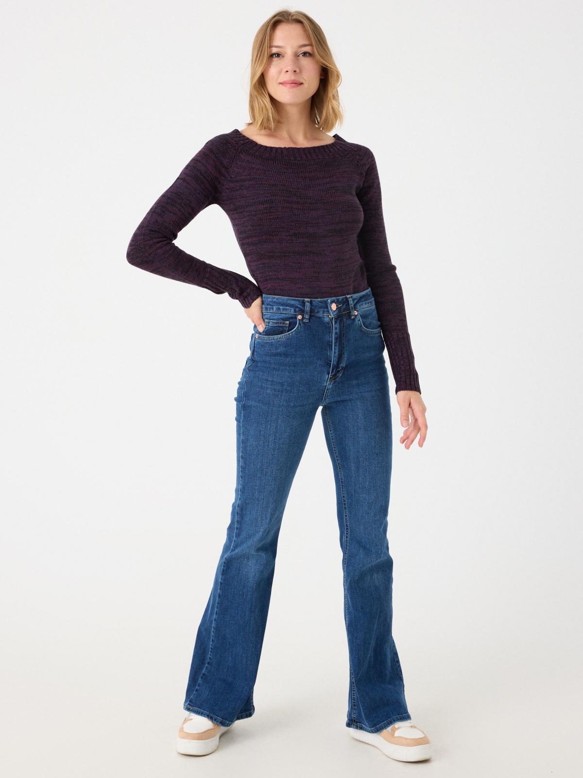Marbled boat sweater aubergine front view