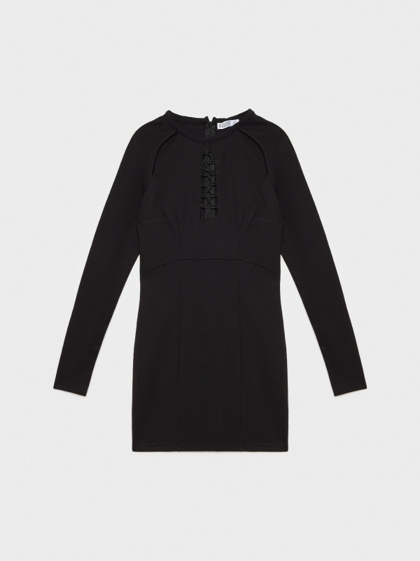 Mini dress lace up neckline black detail view