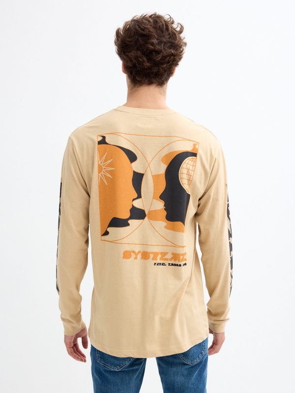 Graphic print T-shirt on sleeves sand middle back view