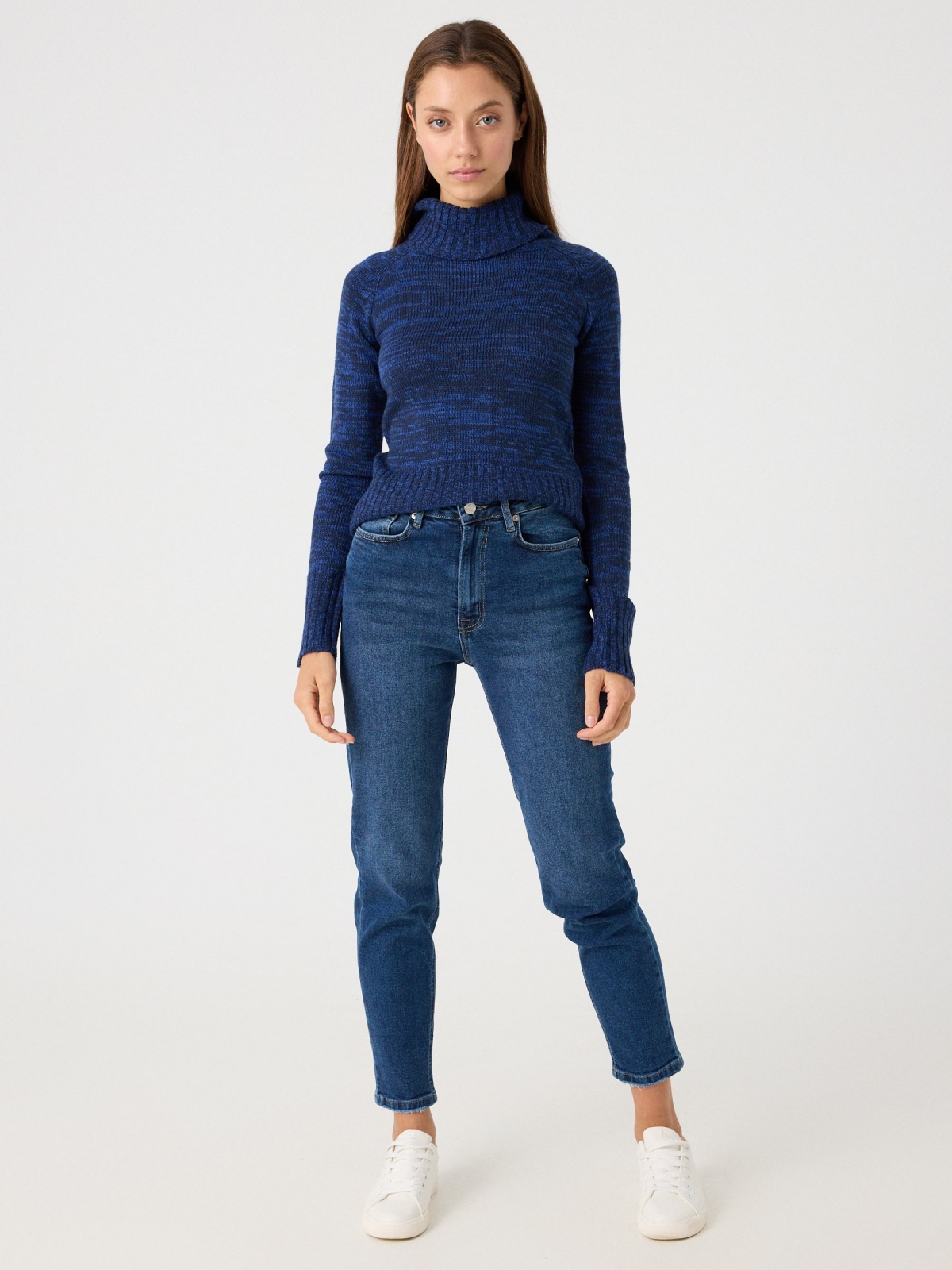 Fleece turtleneck sweater dark blue front view