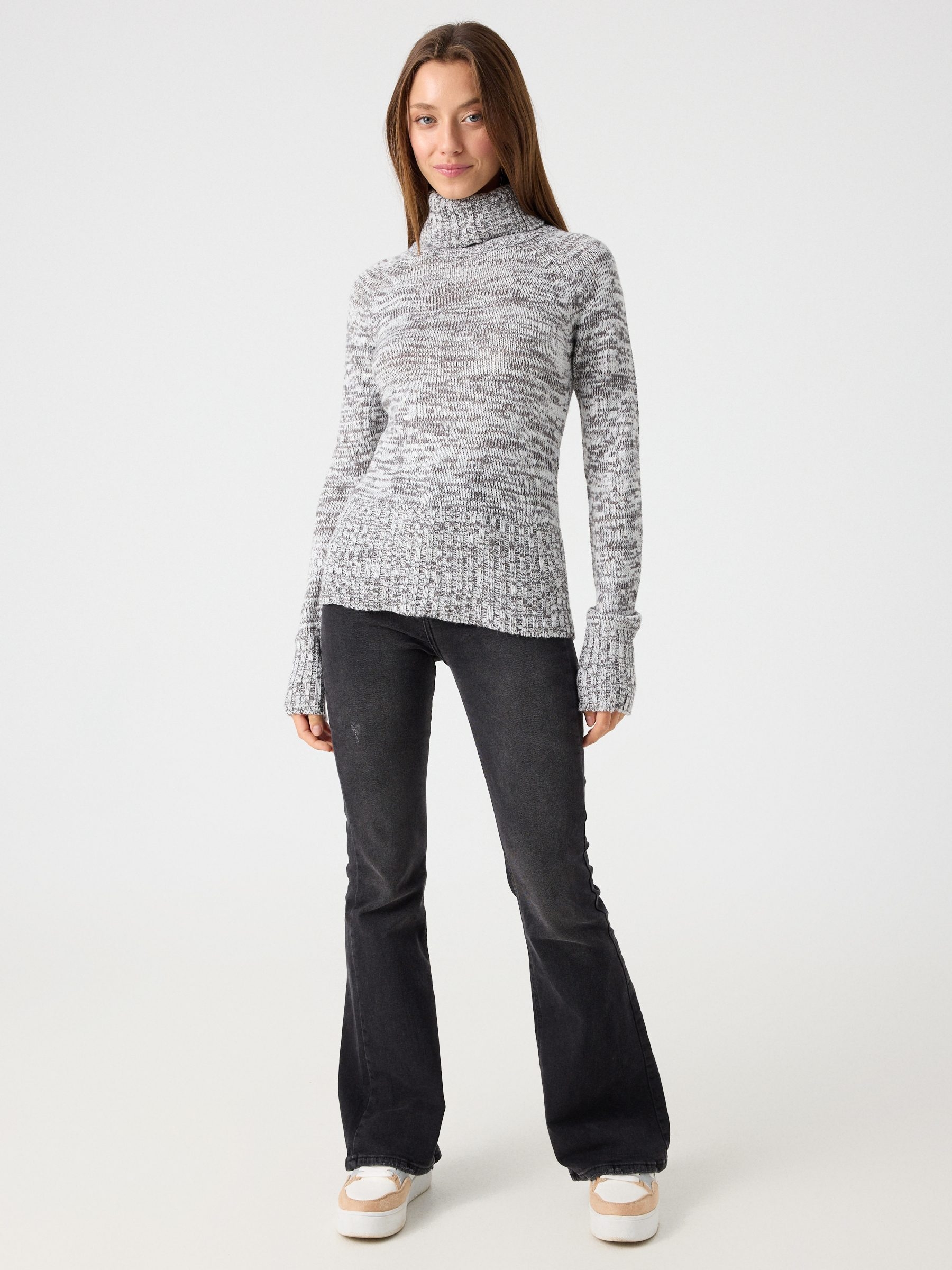 Fleece turtleneck sweater melange grey middle front view