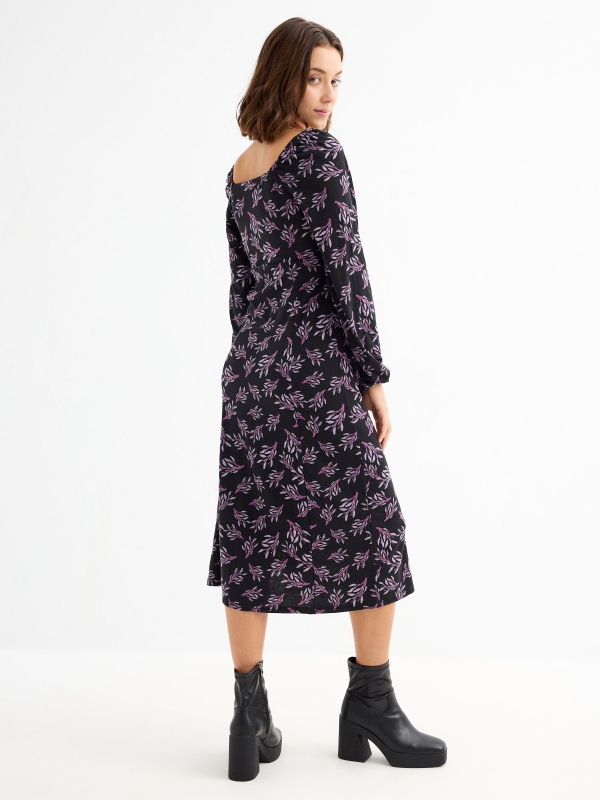 Midi dress purple leaves print black three-quarter back view