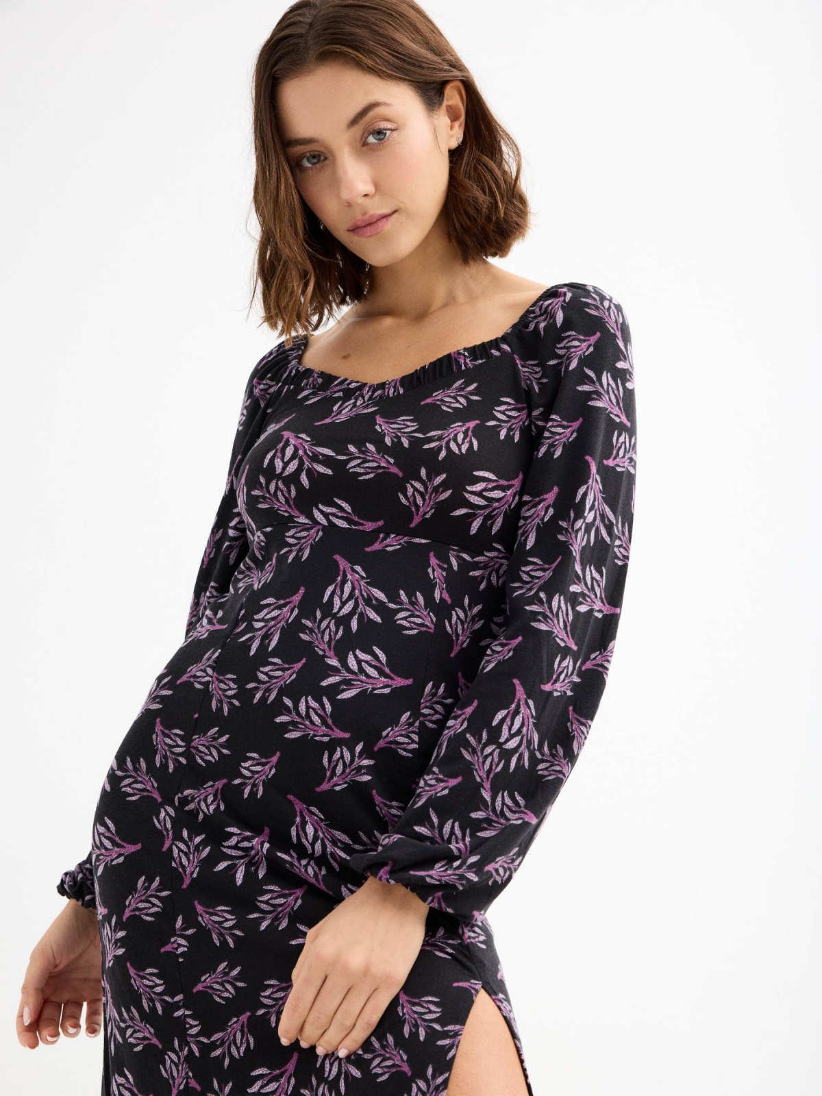 Midi dress purple leaves print black front detail view