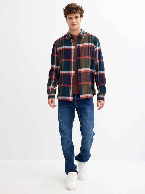 Green flannel shirt blue general front view